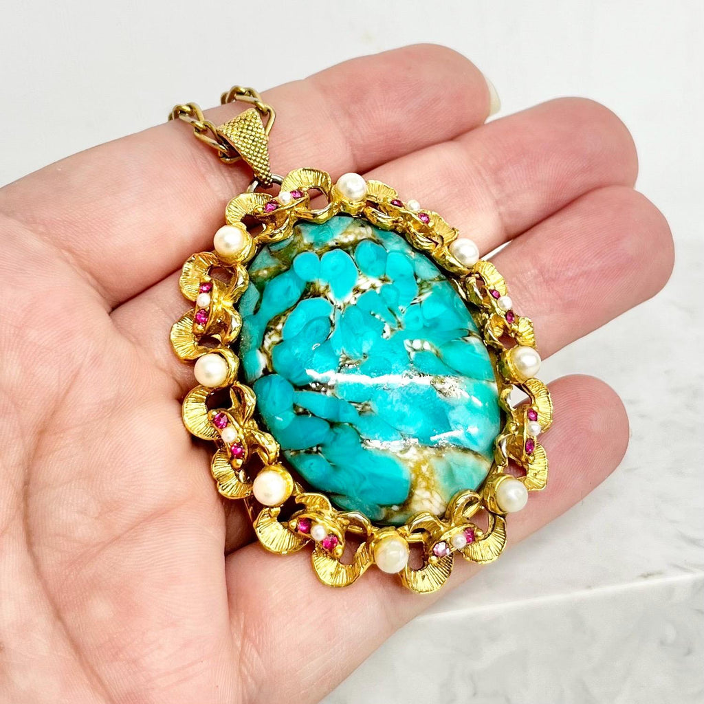 Largd Vintage 1960‘s Gold Plate Czech Turquoise Glass Cabochon Pendant Necklace with Faux Pearls & Pink Rhinestone Accents MillyOliverVintage