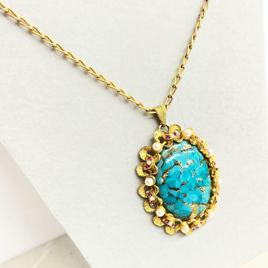 Largd Vintage 1960‘s Gold Plate Czech Turquoise Glass Cabochon Pendant Necklace with Faux Pearls & Pink Rhinestone Accents MillyOliverVintage