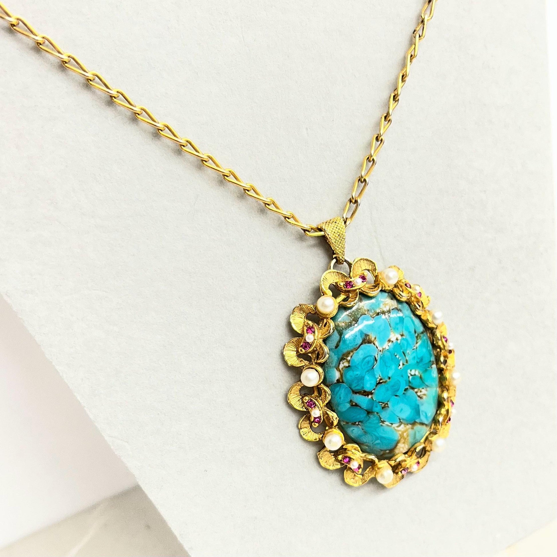 Largd Vintage 1960‘s Gold Plate Czech Turquoise Glass Cabochon Pendant Necklace with Faux Pearls & Pink Rhinestone Accents MillyOliverVintage