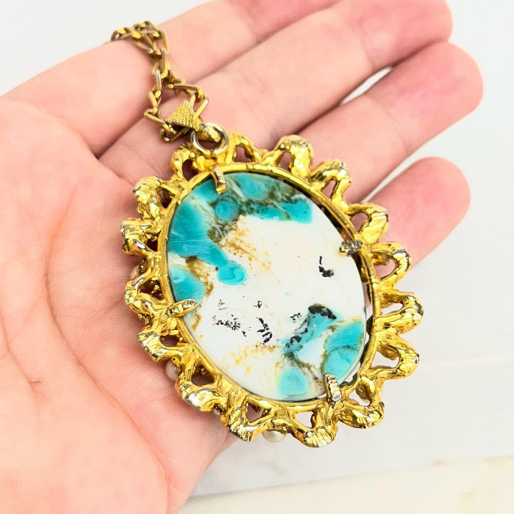 Largd Vintage 1960‘s Gold Plate Czech Turquoise Glass Cabochon Pendant Necklace with Faux Pearls & Pink Rhinestone Accents MillyOliverVintage