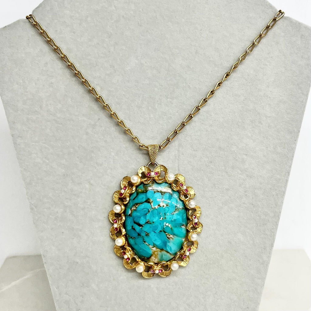 Largd Vintage 1960‘s Gold Plate Czech Turquoise Glass Cabochon Pendant Necklace with Faux Pearls & Pink Rhinestone Accents MillyOliverVintage
