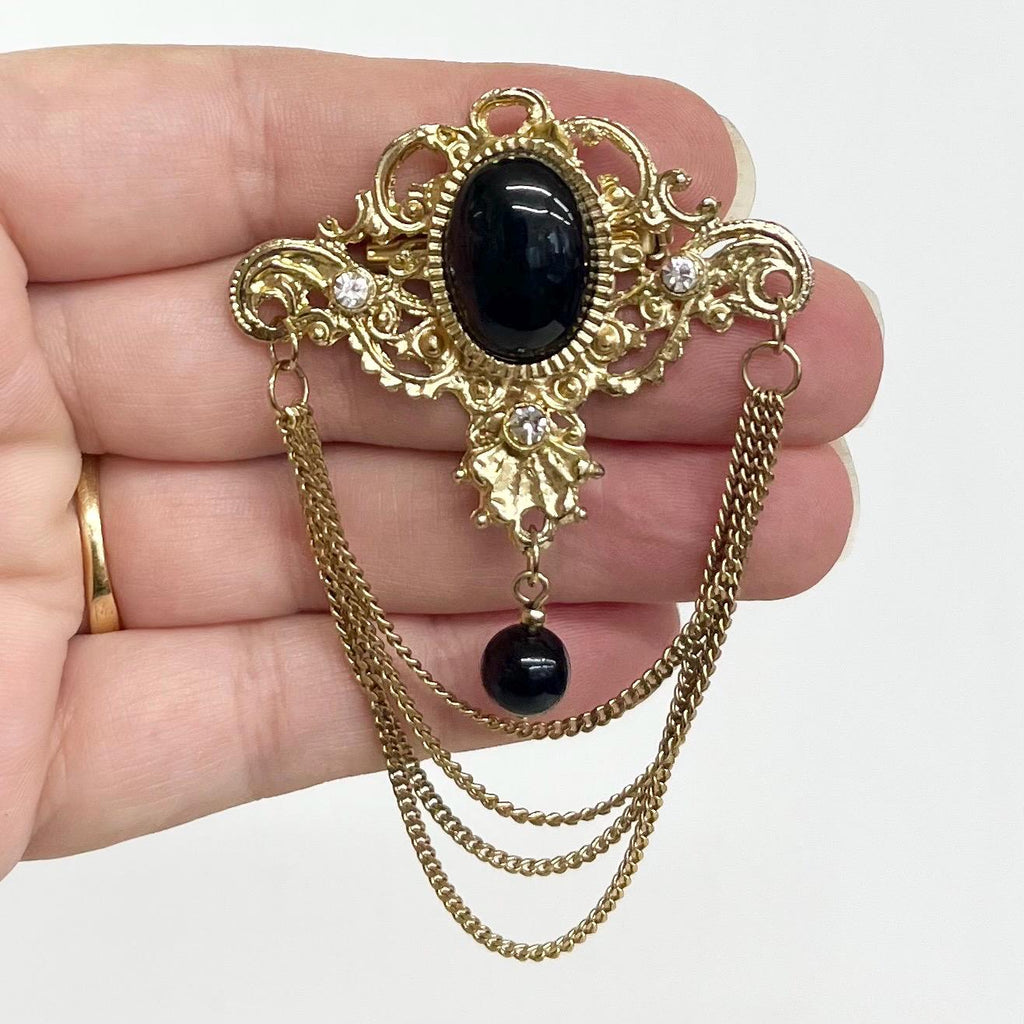 Victorian Style Chain Drop Brooch : Vintage Gold Tone with a Black Glass Cabochon and Clear Crystal Accents MillyOliverVintage