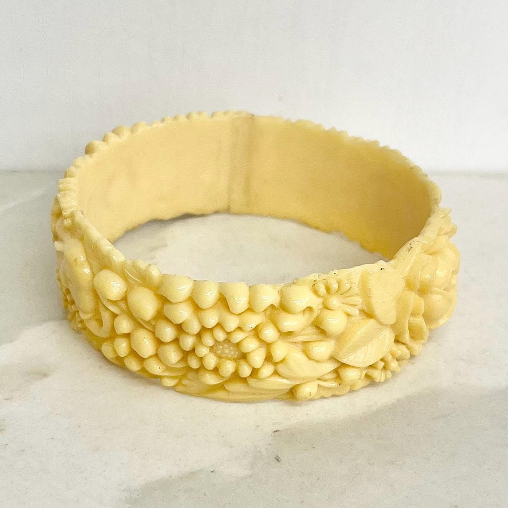 Vintage Cream Celluloid Bangle Chunky Design with Detailed Flowers Leaves and Elephants MillyOliverVintage