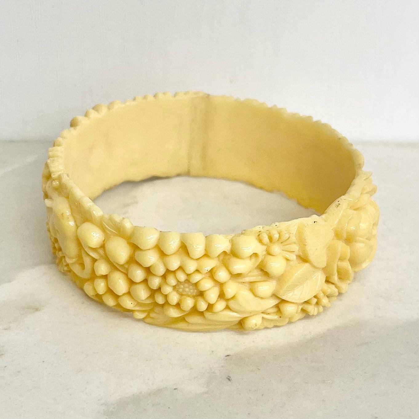 Vintage Cream Celluloid Bangle Chunky Design with Detailed Flowers Leaves and Elephants MillyOliverVintage