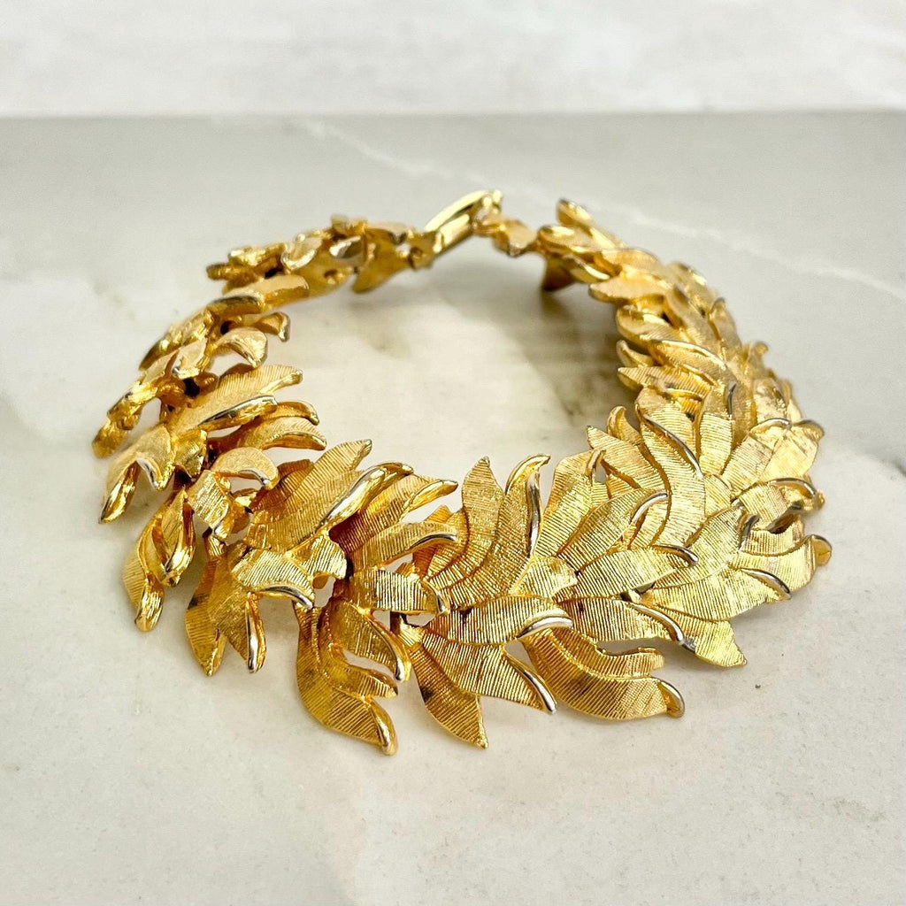 Vintage Gold Plate 1970’s Brutalist Bracelet Textured Chunky Leaf Link Costume Jewellery 7.5” MillyOliverVintage