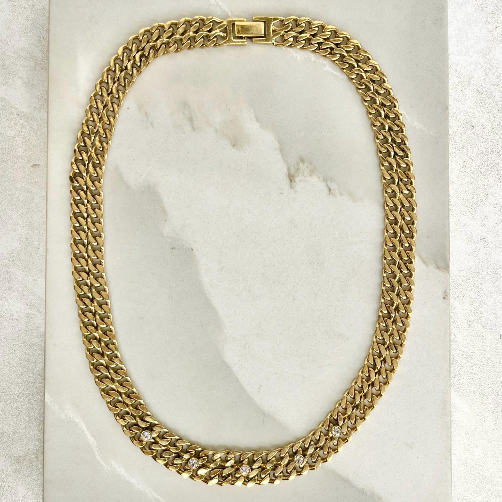 Heavy Gold Plate Double Flat Curb Link Collar Necklace with a Diamante Accents 17.5” Statement Jewellery MillyOliverVintage
