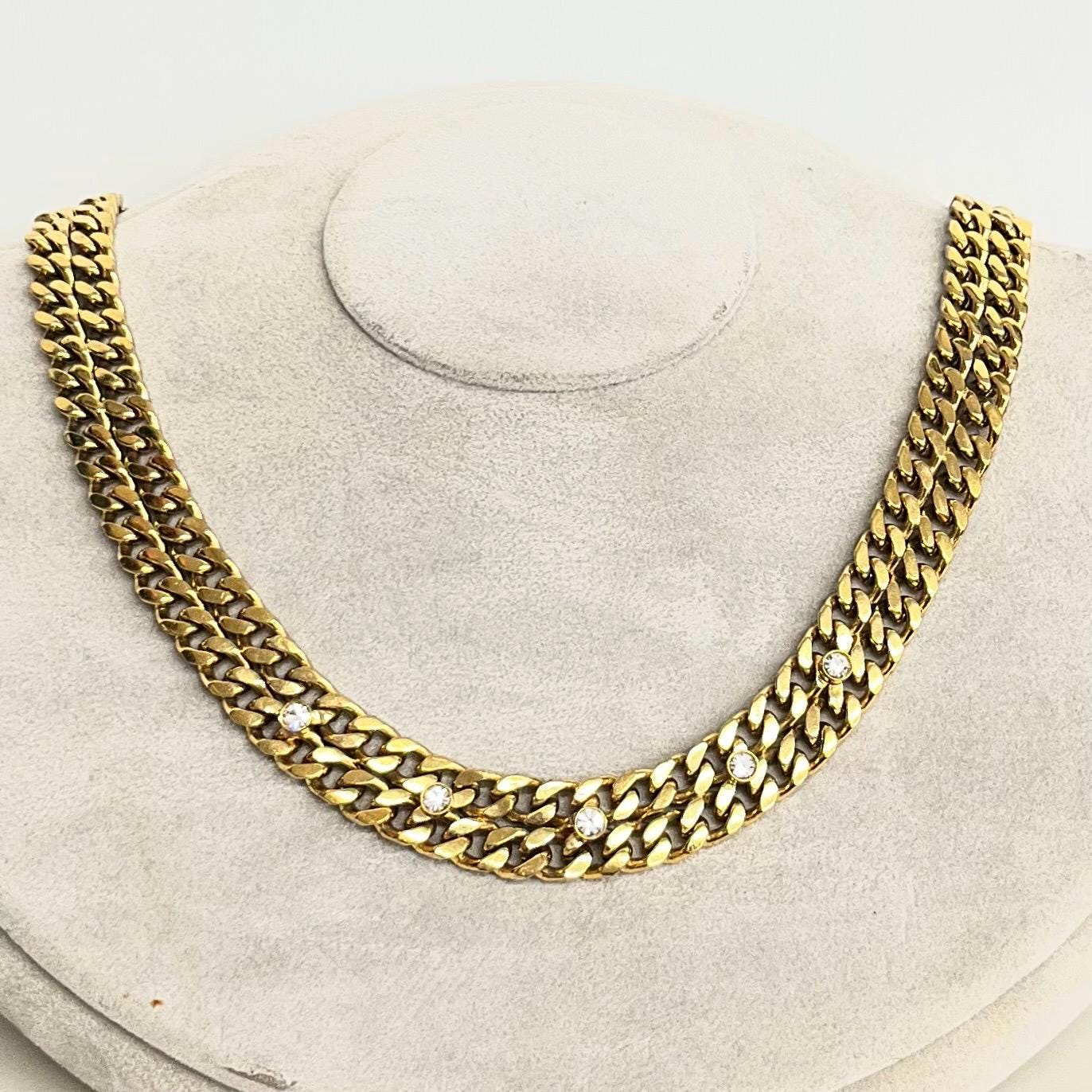 Heavy Gold Plate Double Flat Curb Link Collar Necklace with a Diamante Accents 17.5” Statement Jewellery MillyOliverVintage