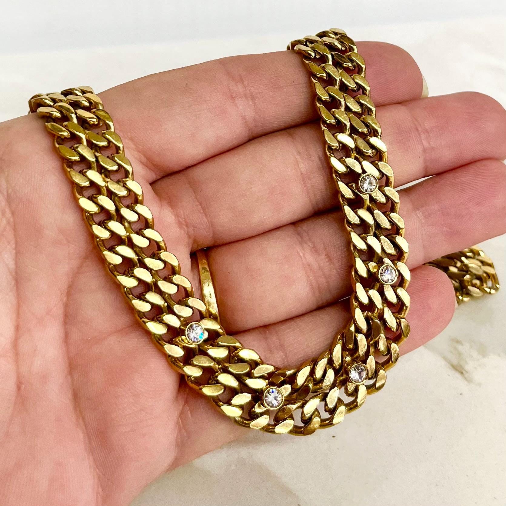 Heavy Gold Plate Double Flat Curb Link Collar Necklace with a Diamante Accents 17.5” Statement Jewellery MillyOliverVintage