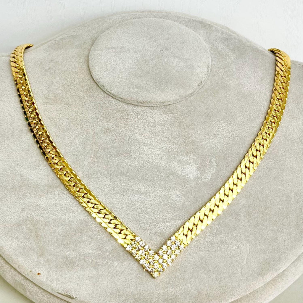 Vintage V Neck Flat Textured Curb Chain Collar Necklace with Diamante Crystal Accents Gold Plate 1970’s - 1980’s Statement Power Chain 17” MillyOliverVintage