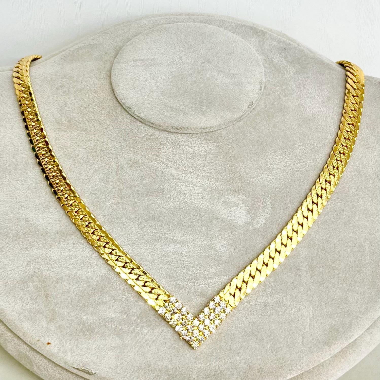 Vintage V Neck Flat Textured Curb Chain Collar Necklace with Diamante Crystal Accents Gold Plate 1970’s - 1980’s Statement Power Chain 17” MillyOliverVintage