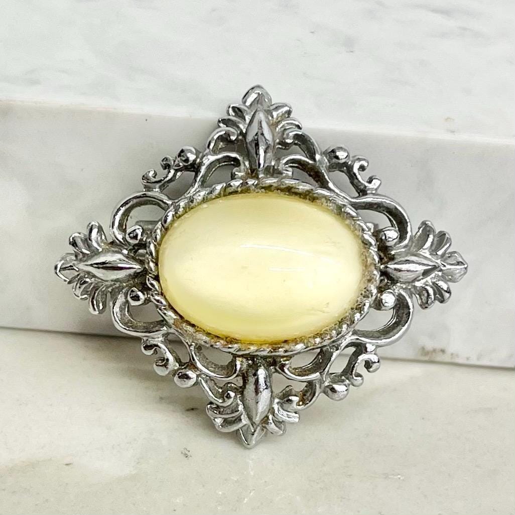 Vintage 1960’s - 1970’s Filigree Yellow Uranium Glass Cabochon Brooch Silver Plated UV Reactive Glowing Jewellery MillyOliverVintage