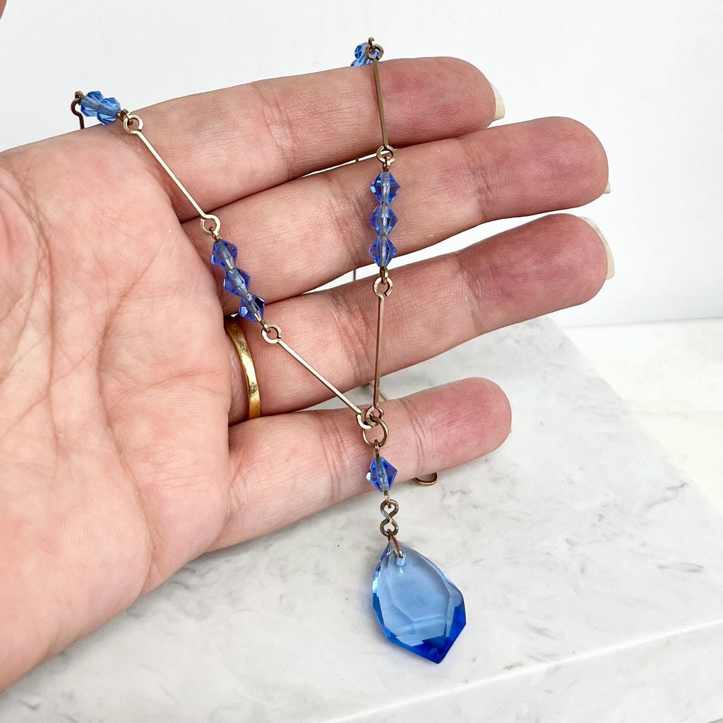 Art Deco Sapphire Blue Czech Glass Crystal Drop Necklace Rolled Gold 16” Long MillyOliverVintage