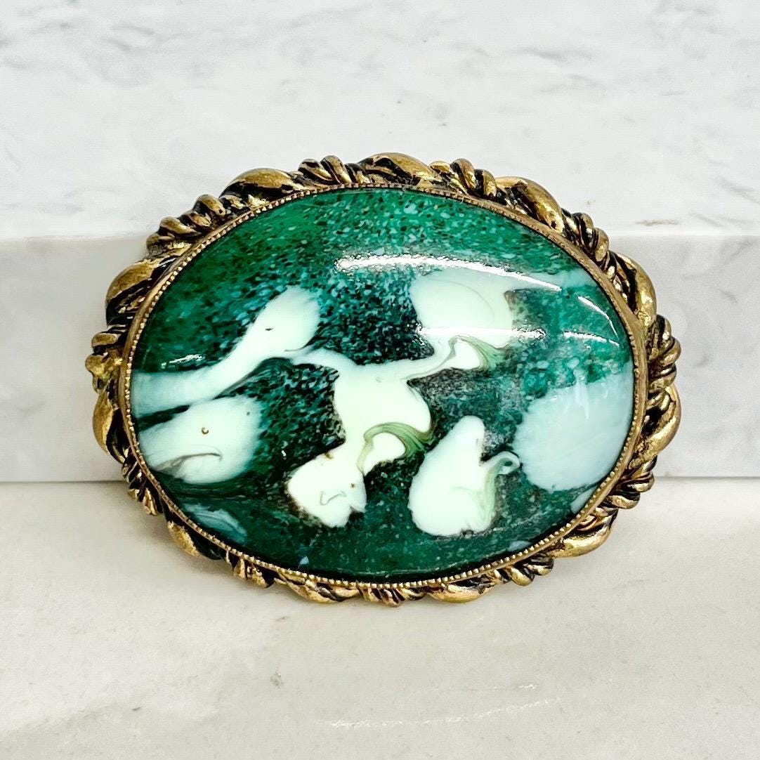 Vintage Large Gold Tone Oval Mottled Green Glass Cabochon Brooch MillyOliverVintage
