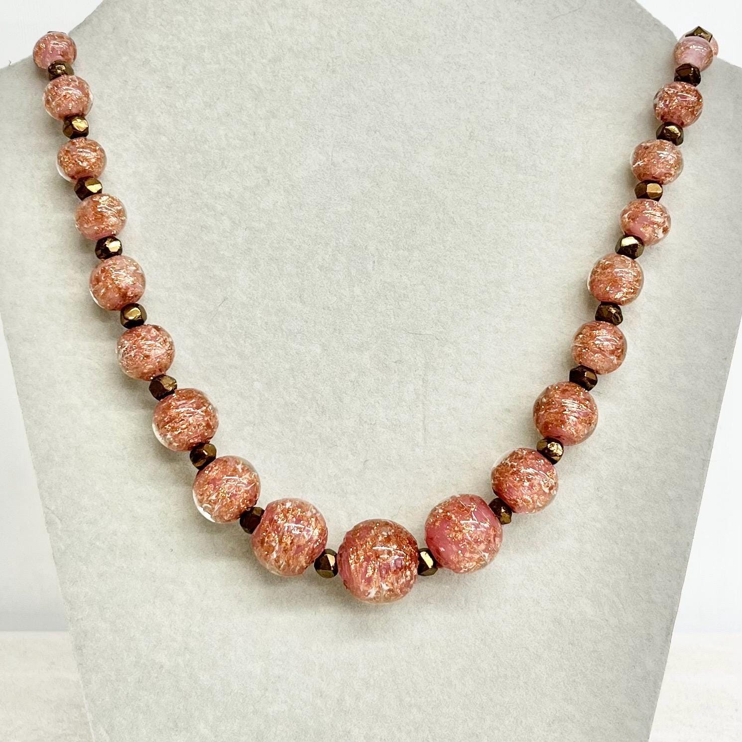 Vintage Pink & Gold Aventurine Glass Bead Necklace 23” Long Handmade Lampwork Beads Copper Coloured Accents MillyOliverVintage