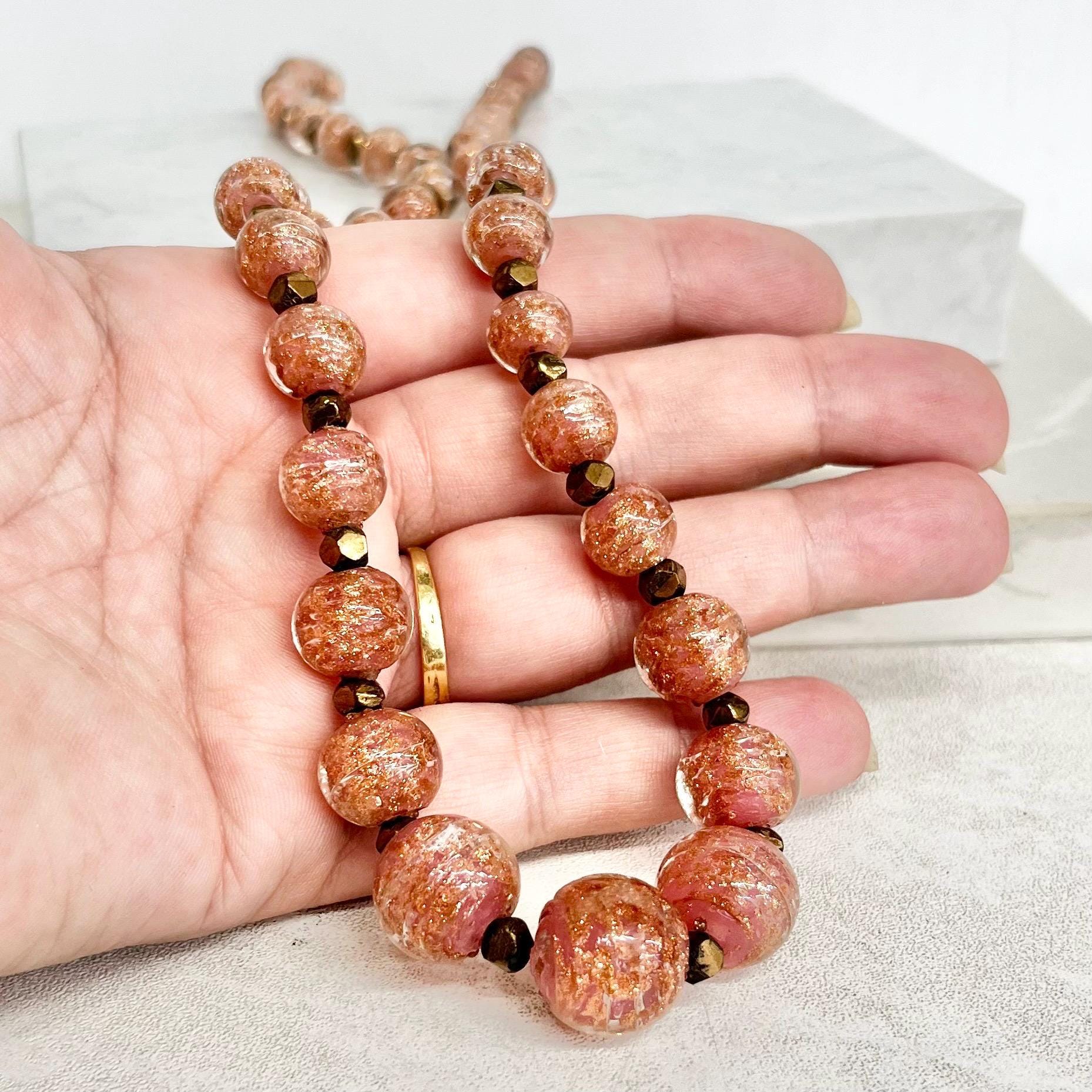 Vintage Pink & Gold Aventurine Glass Bead Necklace 23” Long Handmade Lampwork Beads Copper Coloured Accents MillyOliverVintage
