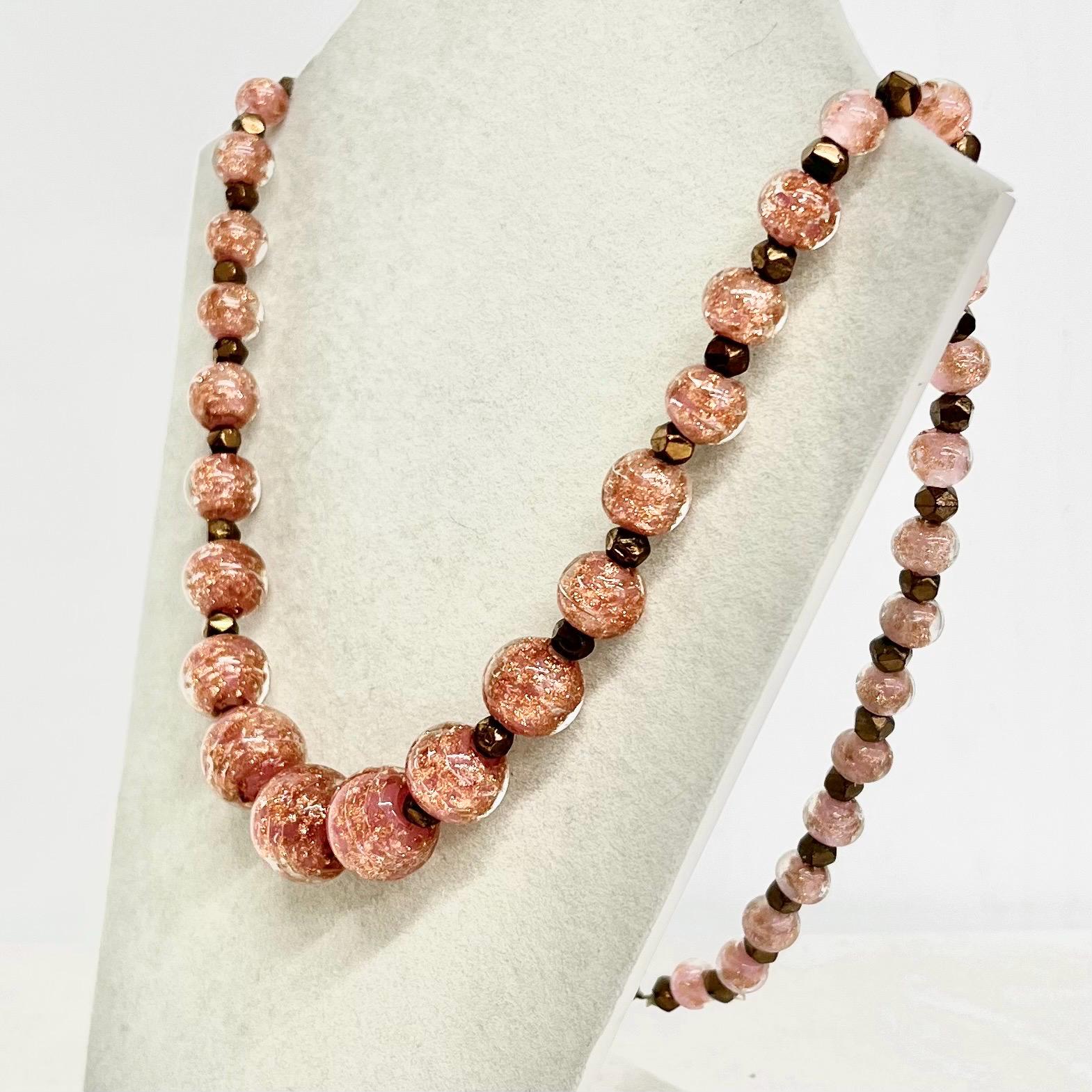 Vintage Pink & Gold Aventurine Glass Bead Necklace 23” Long Handmade Lampwork Beads Copper Coloured Accents MillyOliverVintage