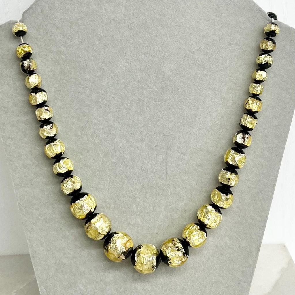 Vintage Black and Yellow Foil Murano Glass Uranium Graduated Lampwork Bead Necklace Beads Bright Green UV Reactive Glow 18” MillyOliverVintage