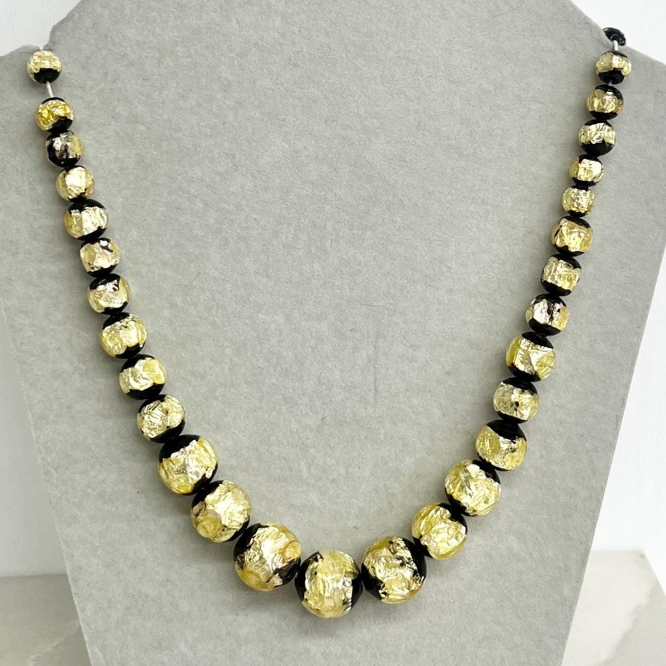 Vintage Black and Yellow Foil Murano Glass Uranium Graduated Lampwork Bead Necklace Beads Bright Green UV Reactive Glow 18” MillyOliverVintage