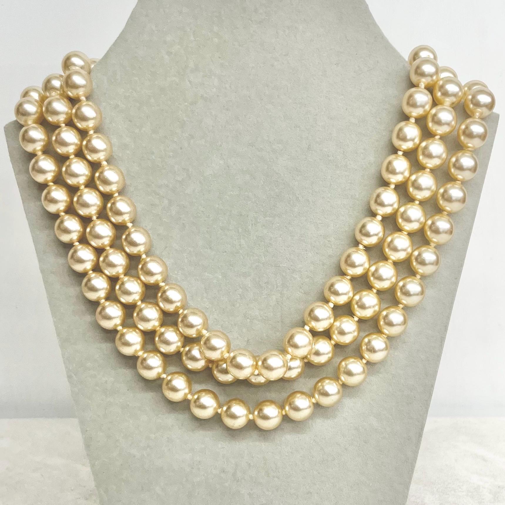 Vintage Three Strand Glass Pearl Bead Necklace with a Chunky Silver Box Clasp MillyOliverVintage