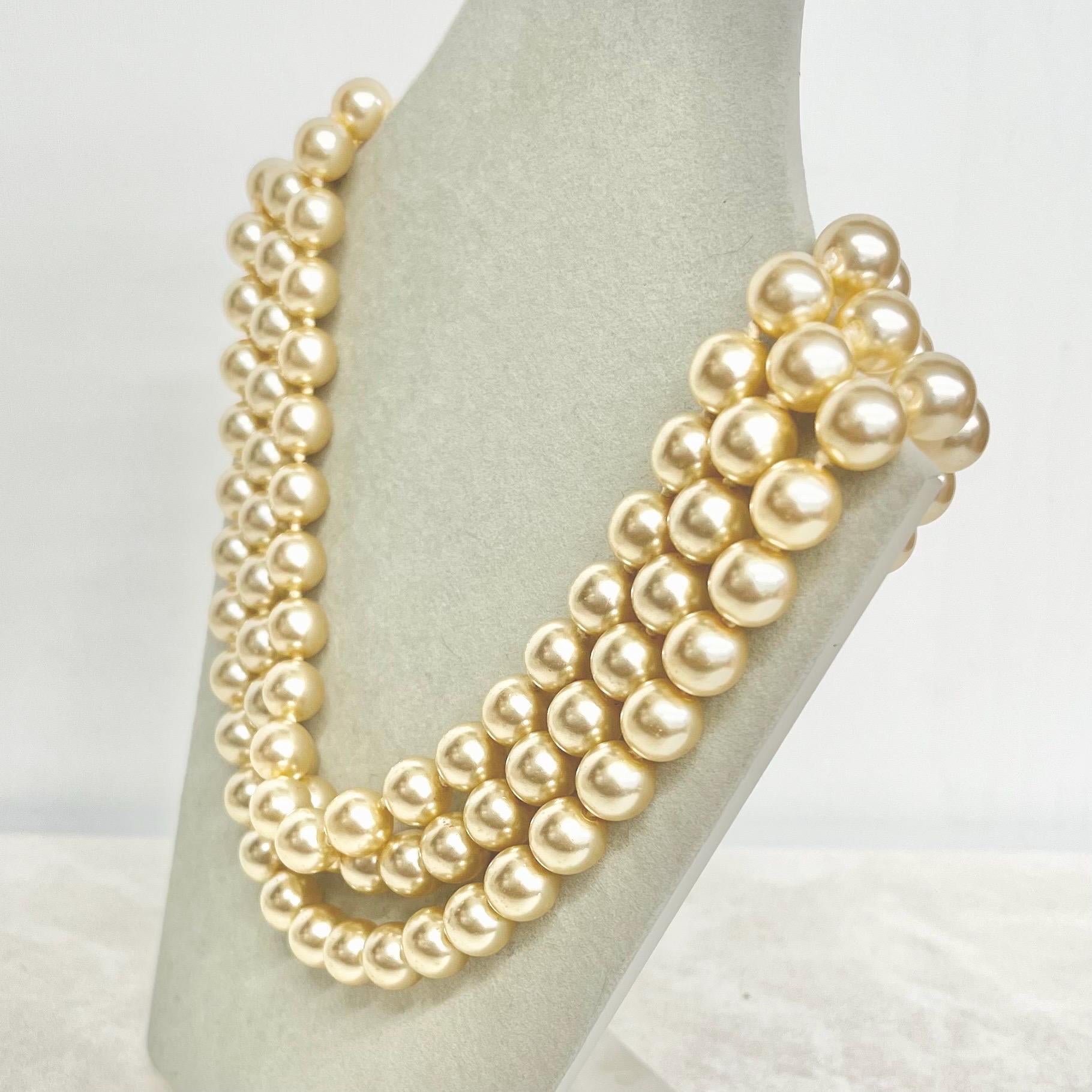 Vintage Three Strand Glass Pearl Bead Necklace with a Chunky Silver Box Clasp MillyOliverVintage