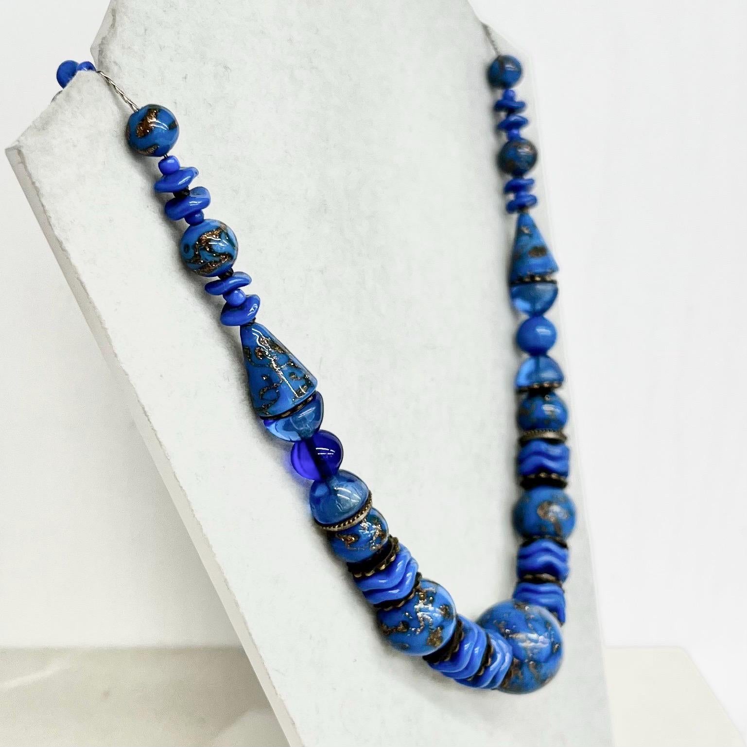 Art Deco Blue Glass Beaded Necklace with Gold Aventurine Shimmer Accents 1930s Vintage Jewelry MillyOliverVintage