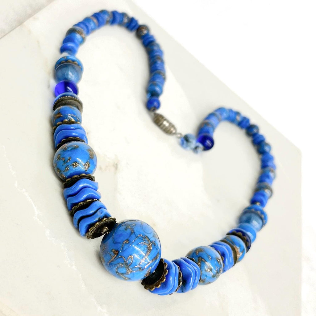 Art Deco Blue Glass Beaded Necklace with Gold Aventurine Shimmer Accents 1930s Vintage Jewelry MillyOliverVintage