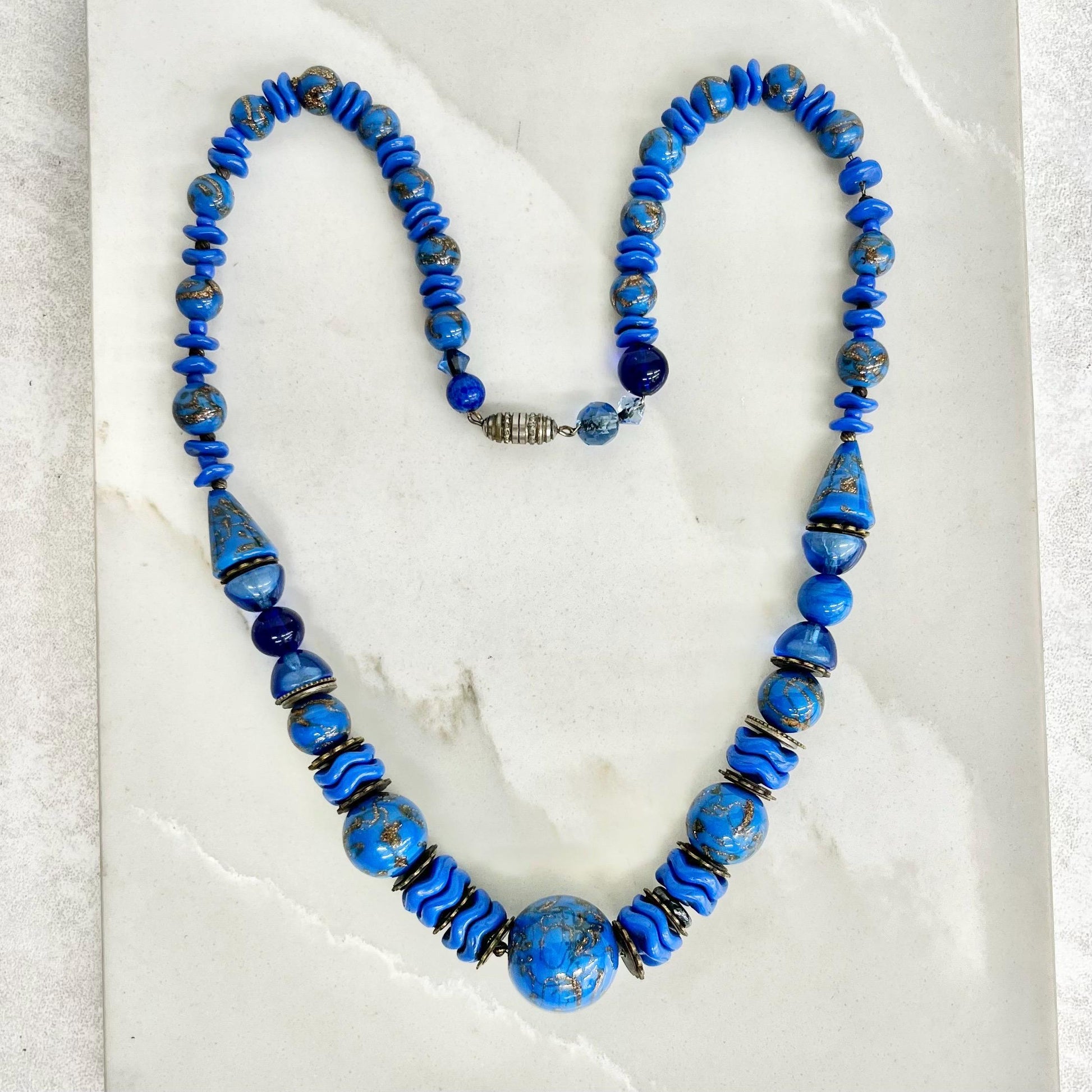 Art Deco Blue Glass Beaded Necklace with Gold Aventurine Shimmer Accents 1930s Vintage Jewelry MillyOliverVintage