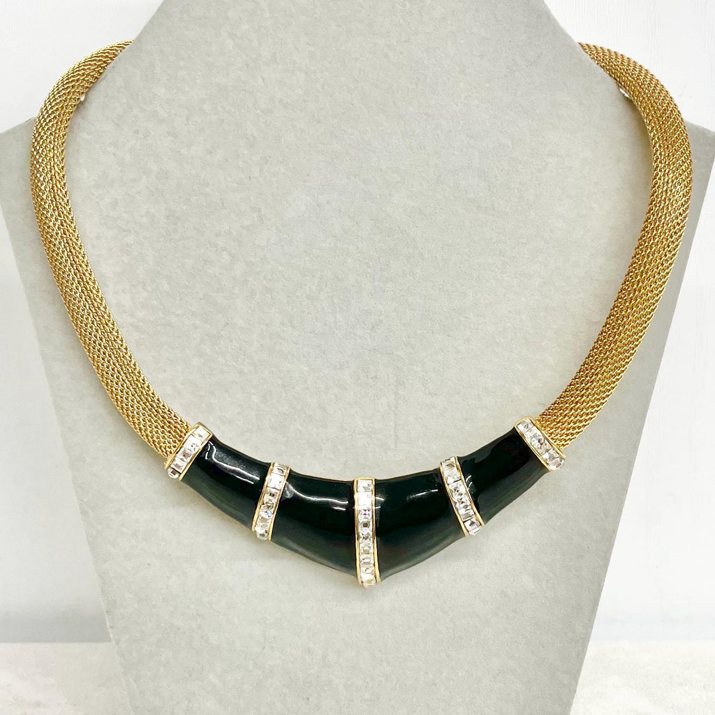 Vintage Oscar De La Renta Gold Plated Panther Black Enamelled Mesh Collar Necklace MillyOliverVintage
