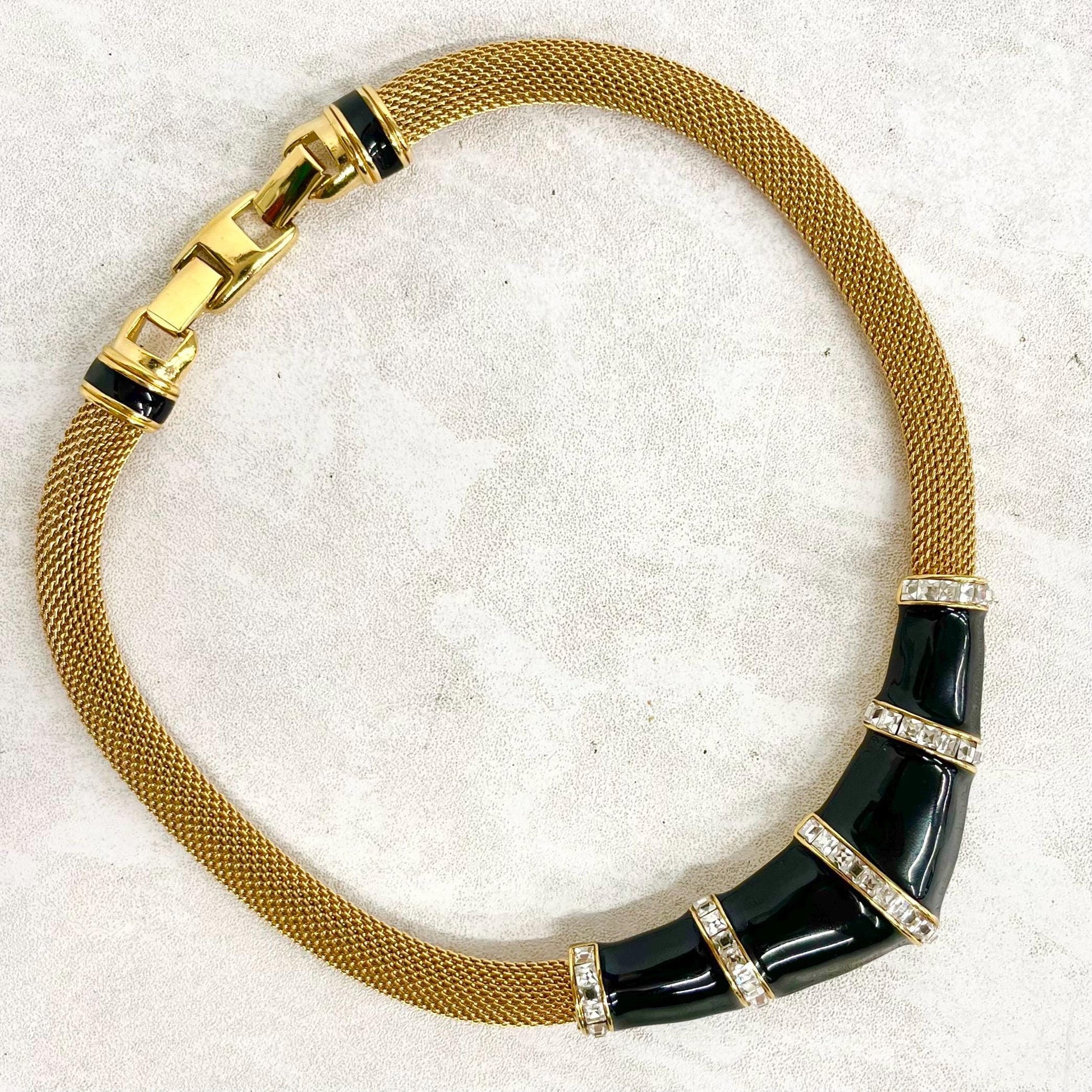 Vintage Oscar De La Renta Gold Plated Panther Black Enamelled Mesh Collar Necklace MillyOliverVintage