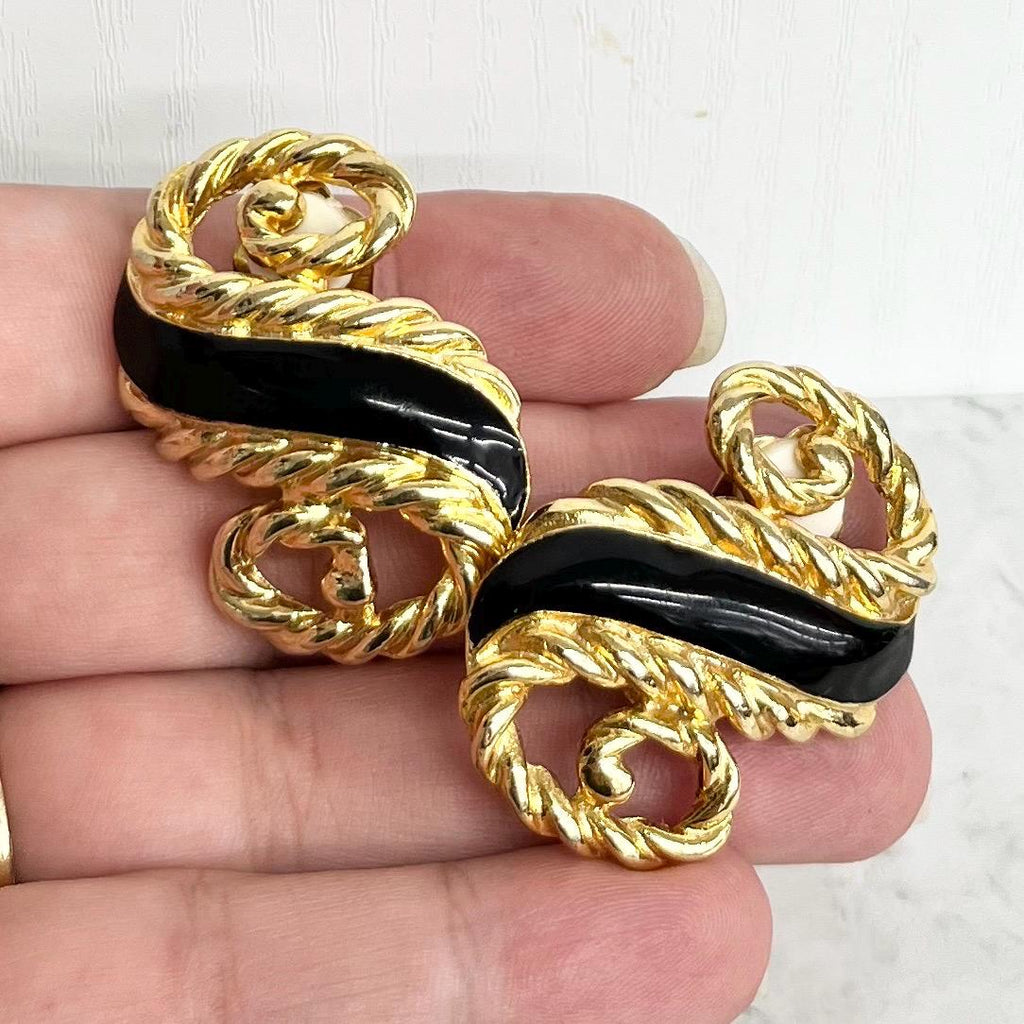 Vintage Oversized Black & Gold Clip On Earrings - S Shaped Chanel Style Statement Earrings MillyOliverVintage