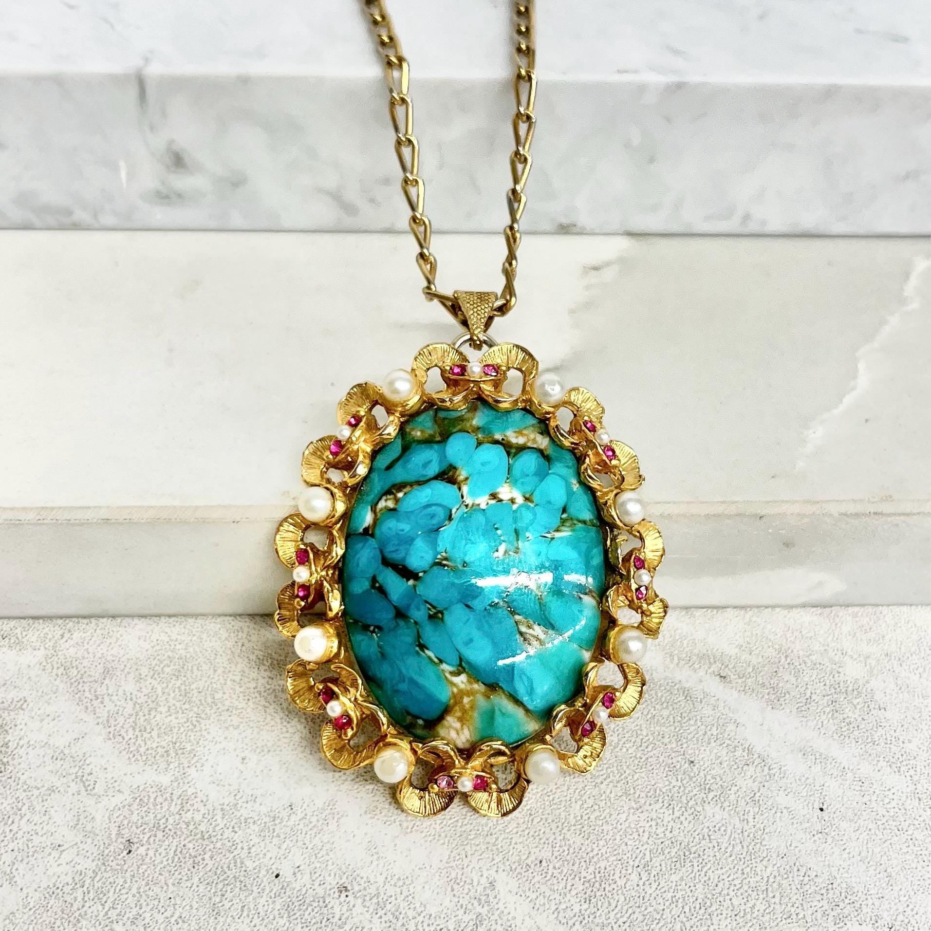 Largd Vintage 1960‘s Gold Plate Czech Turquoise Glass Cabochon Pendant Necklace with Faux Pearls & Pink Rhinestone Accents MillyOliverVintage
