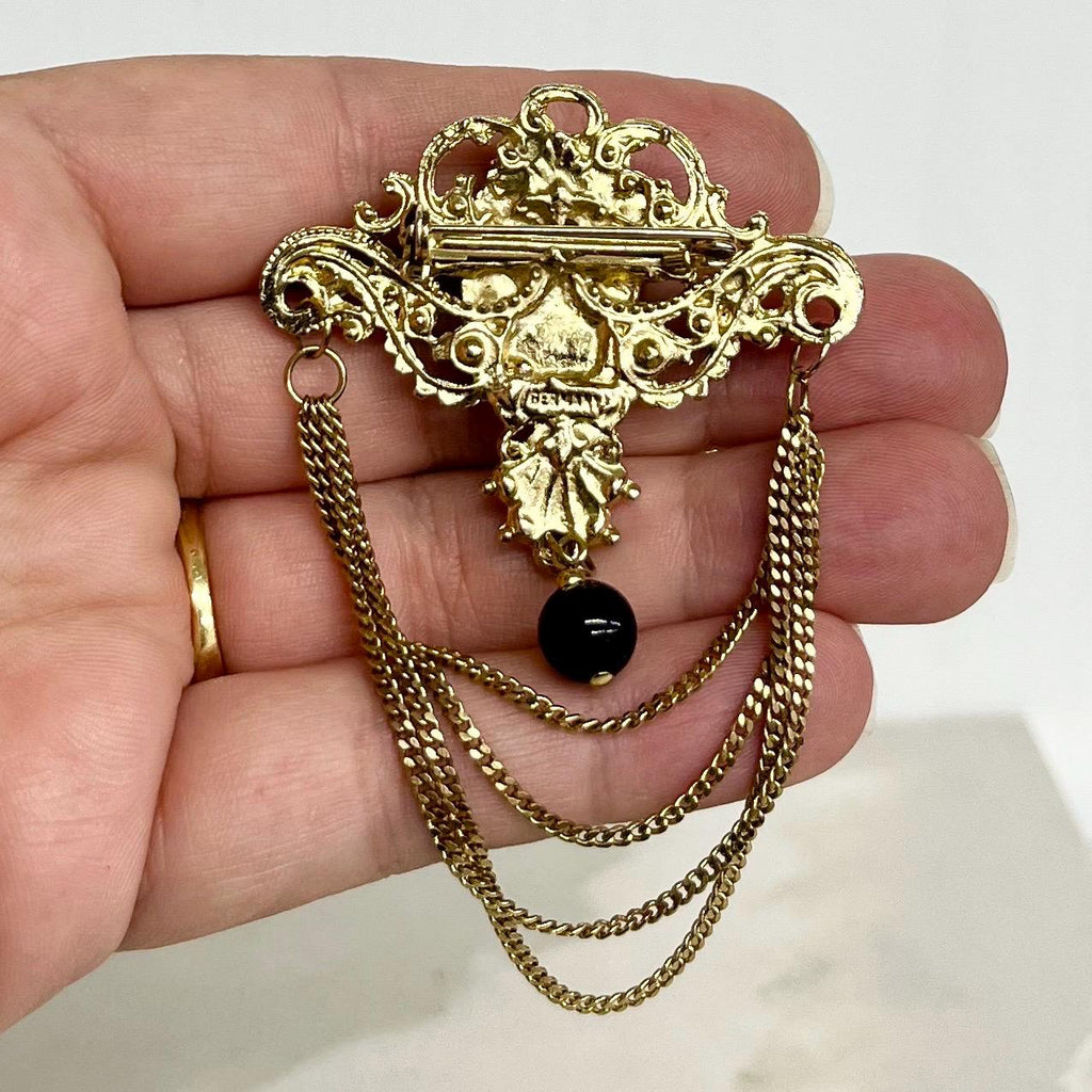 Victorian Style Chain Drop Brooch : Vintage Gold Tone with a Black Glass Cabochon and Clear Crystal Accents MillyOliverVintage
