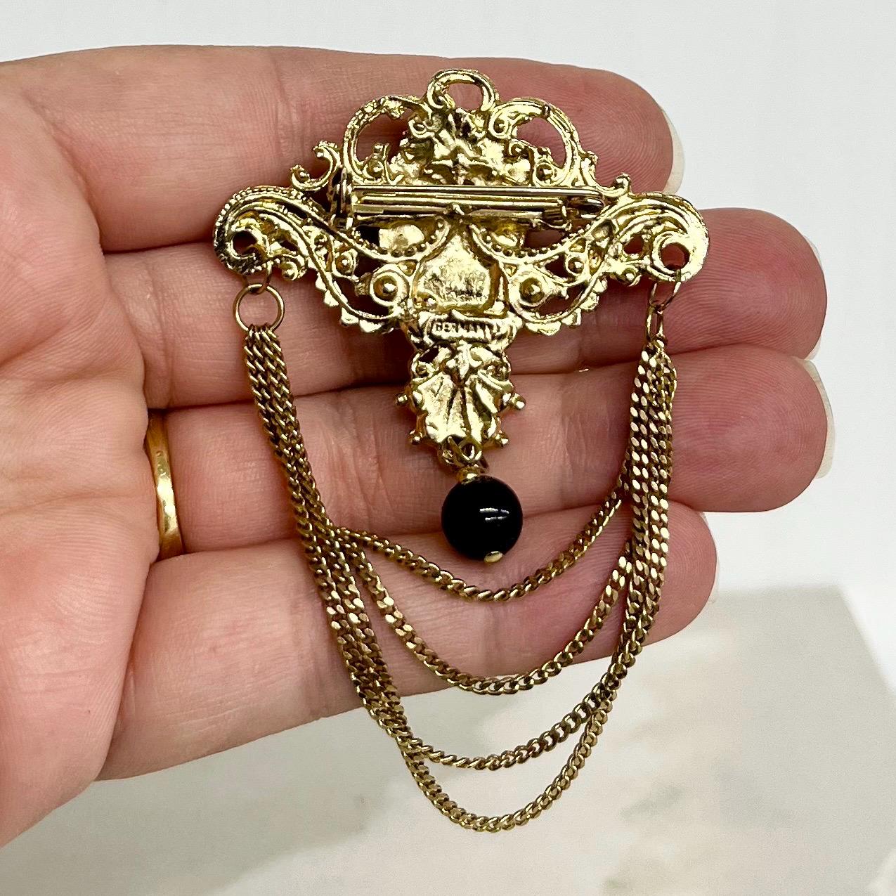 Victorian Style Chain Drop Brooch : Vintage Gold Tone with a Black Glass Cabochon and Clear Crystal Accents MillyOliverVintage