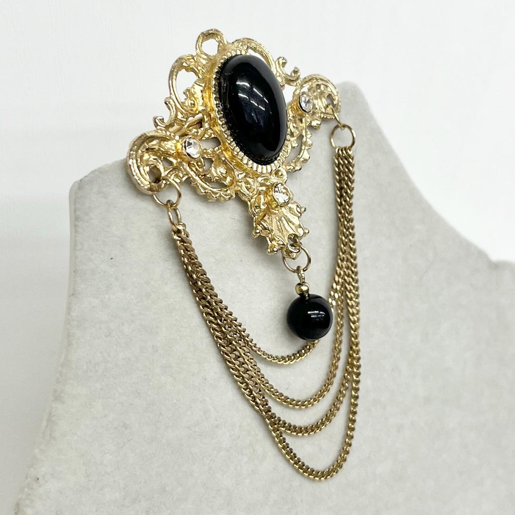 Victorian Style Chain Drop Brooch : Vintage Gold Tone with a Black Glass Cabochon and Clear Crystal Accents MillyOliverVintage