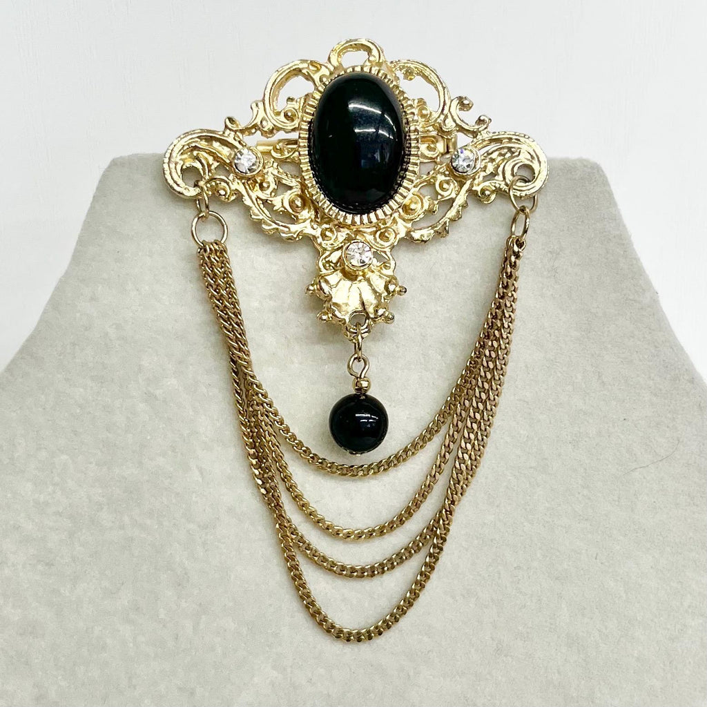Victorian Style Chain Drop Brooch : Vintage Gold Tone with a Black Glass Cabochon and Clear Crystal Accents MillyOliverVintage