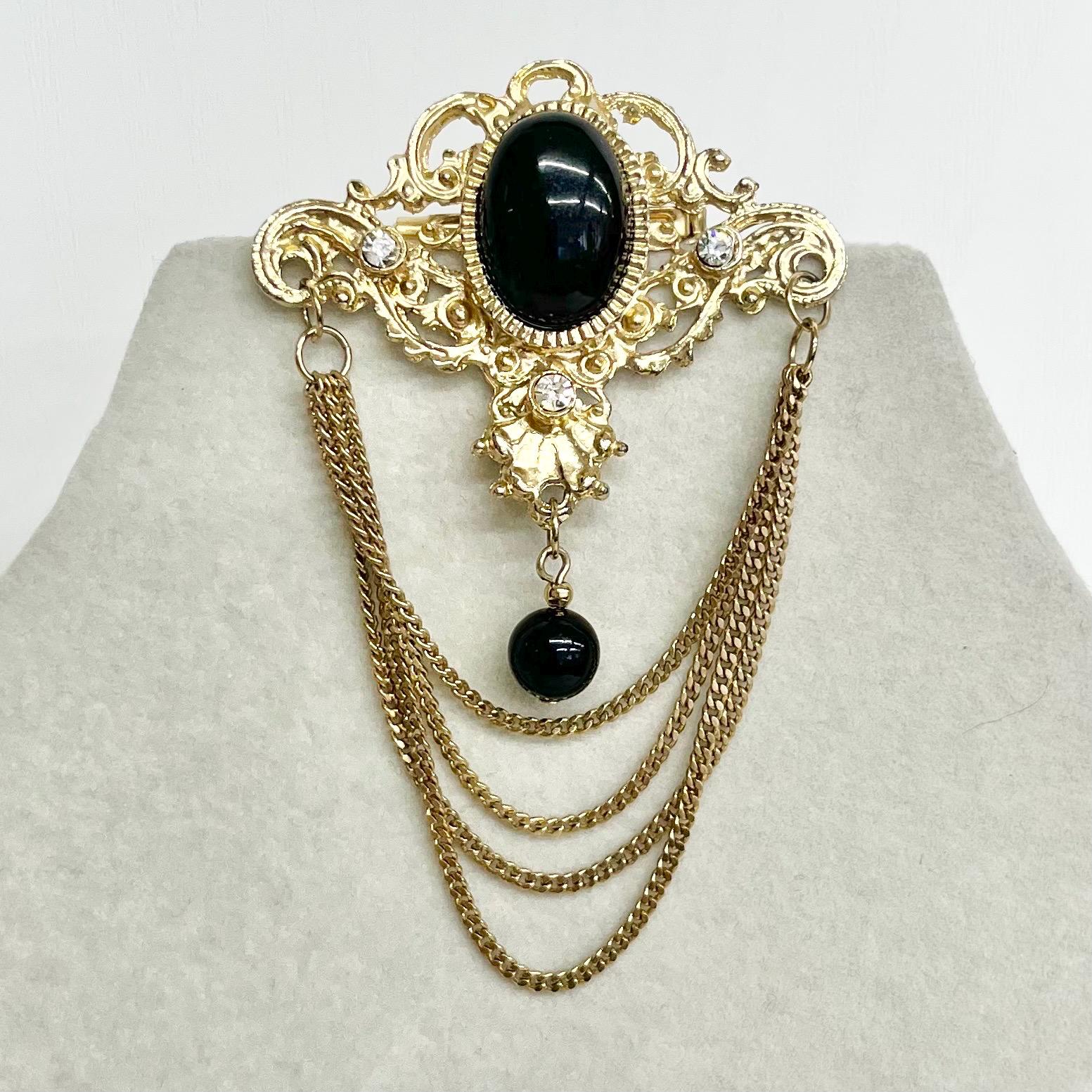 Victorian Style Chain Drop Brooch : Vintage Gold Tone with a Black Glass Cabochon and Clear Crystal Accents MillyOliverVintage