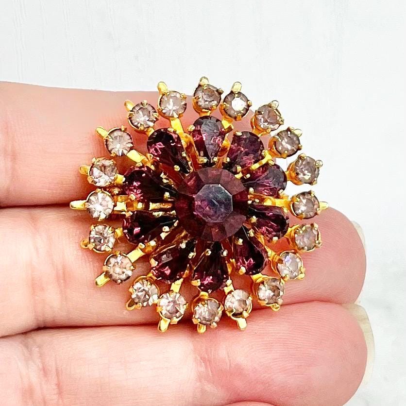 Vintage Amethyst Purple Crystal Flower Brooch Excellent Qualitg Riveted Design Gold Plate MillyOliverVintage