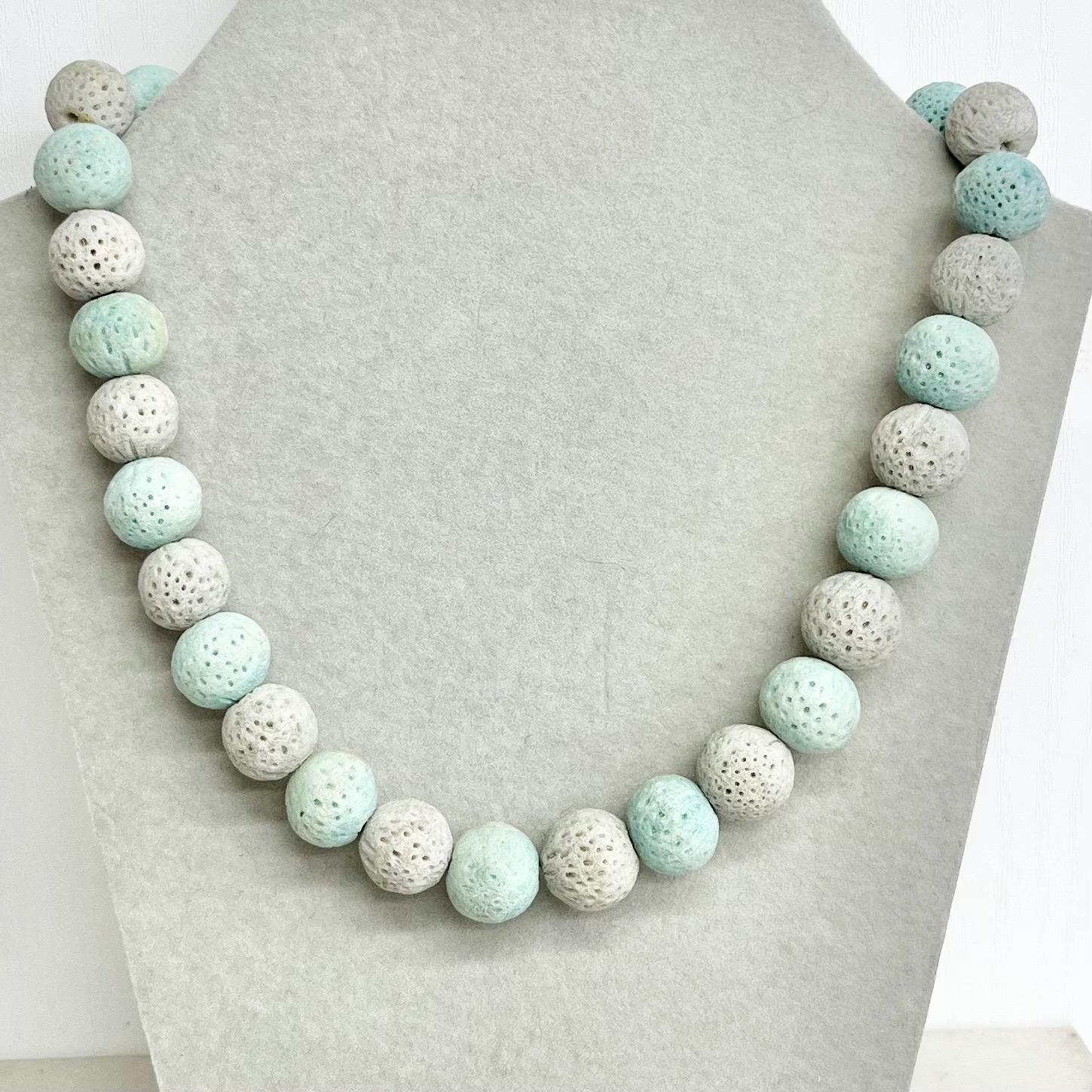 Vintage Chunky Aqua Blue & Light Grey Dyed Coral Bead Necklace with a Brass Barrel Clasp MillyOliverVintage