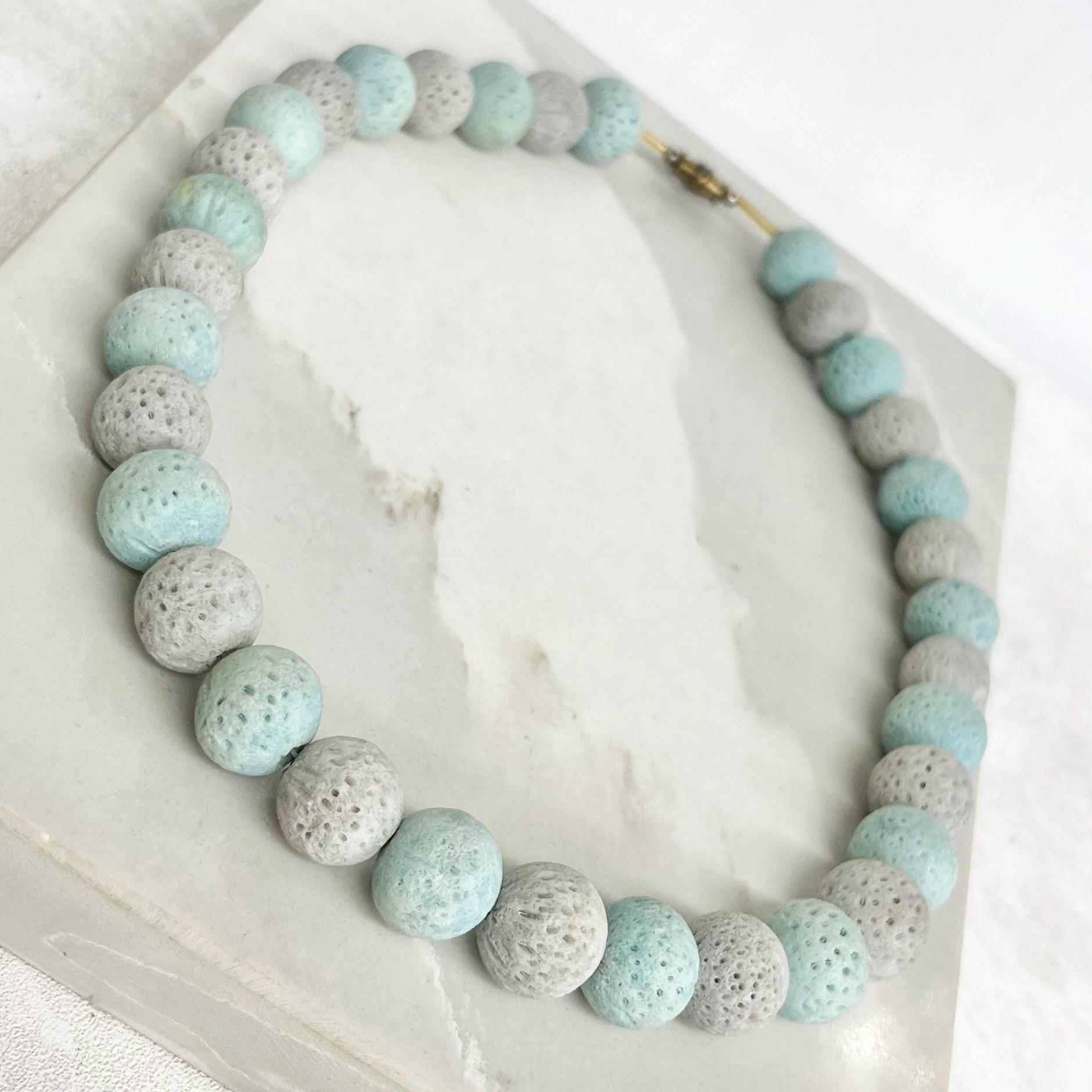 Vintage Chunky Aqua Blue & Light Grey Dyed Coral Bead Necklace with a Brass Barrel Clasp MillyOliverVintage
