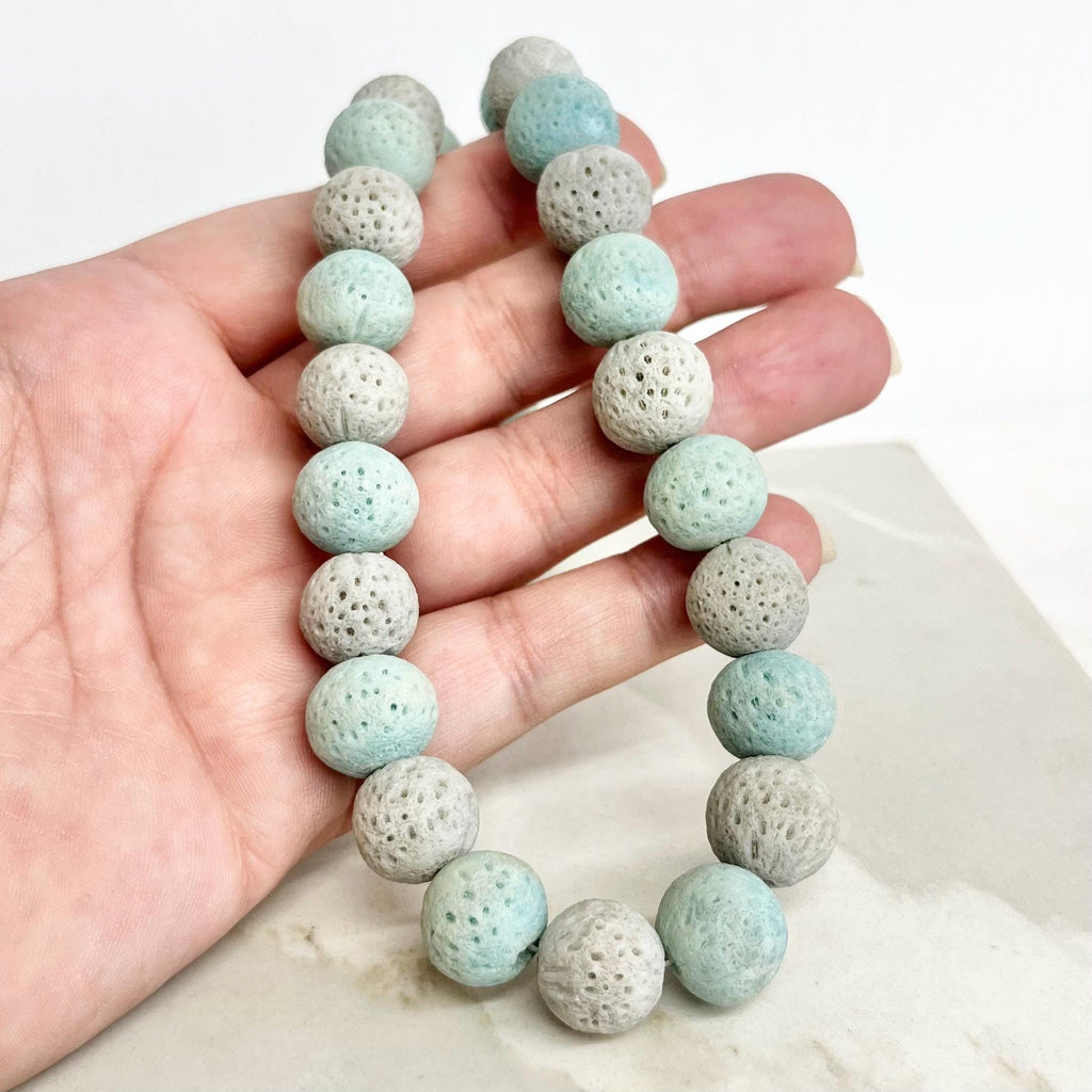 Vintage Chunky Aqua Blue & Light Grey Dyed Coral Bead Necklace with a Brass Barrel Clasp MillyOliverVintage