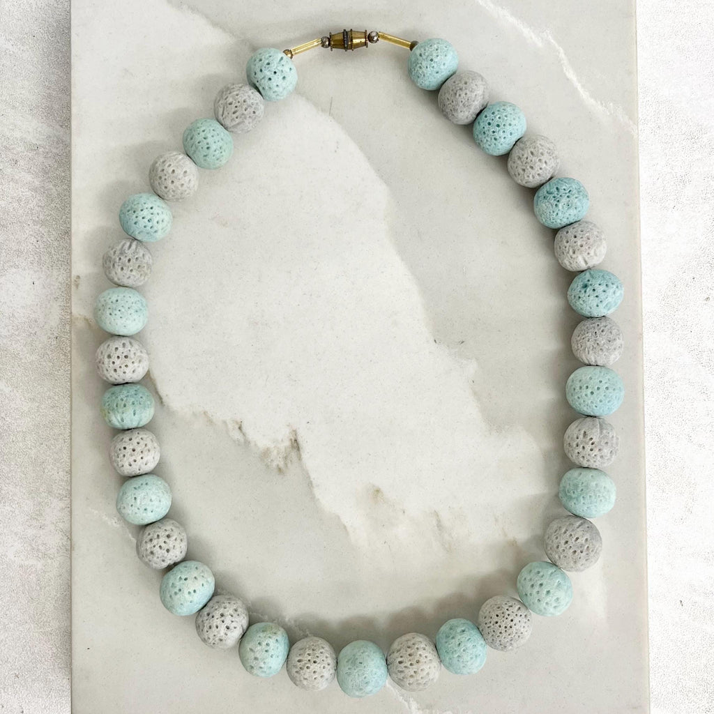 Vintage Chunky Aqua Blue & Light Grey Dyed Coral Bead Necklace with a Brass Barrel Clasp MillyOliverVintage