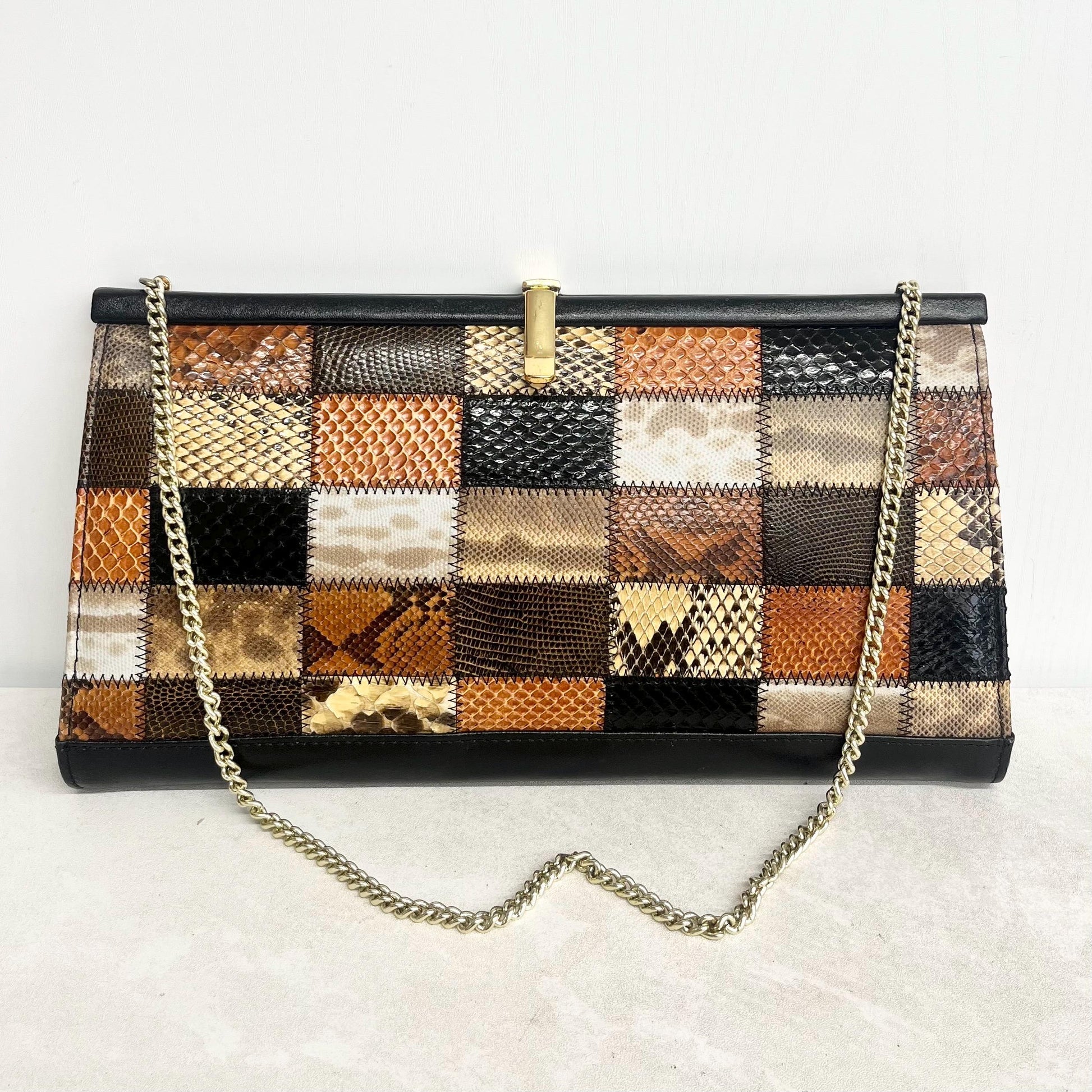 Vintage Real Leather Debonair Snakeskin Effect Large Clutch Bag with a Long Chain Strap Black & Tan MillyOliverVintage