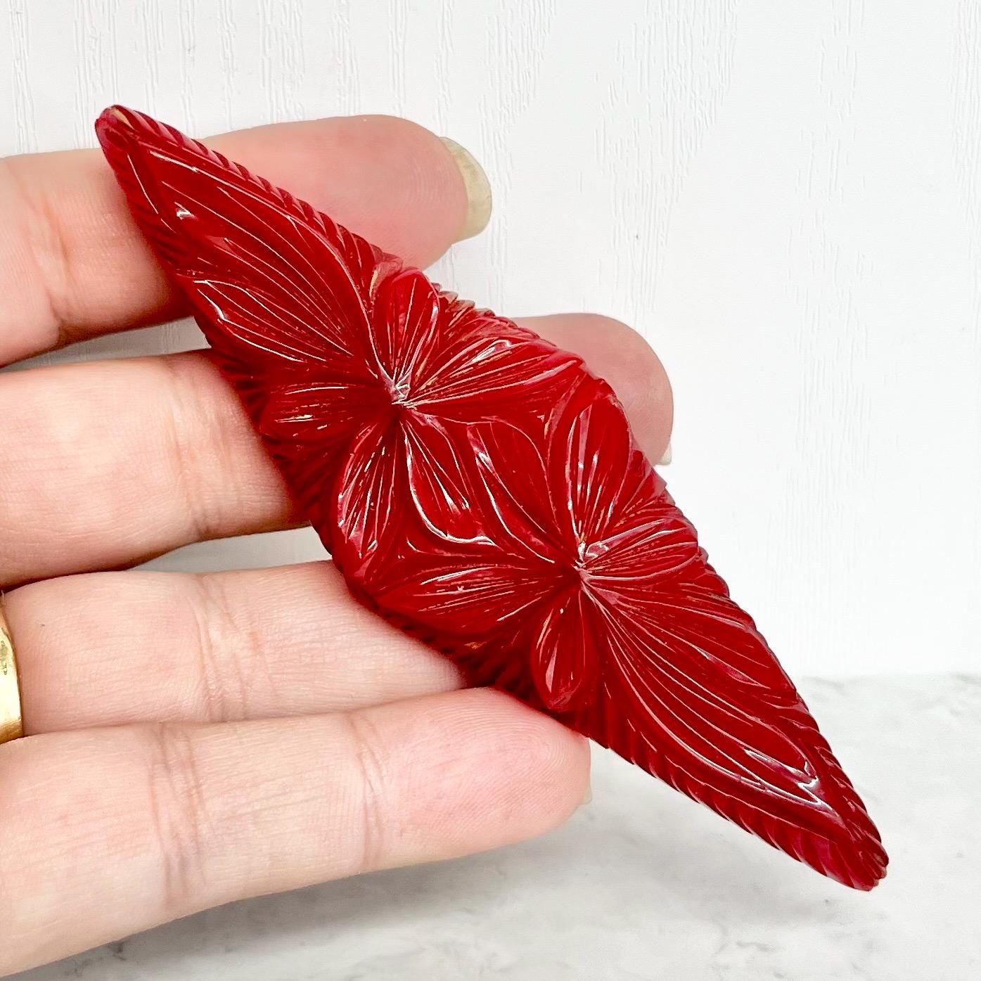 Vintage Cherry Red Bakelite Carved Flower Brooch Large Size Beautifullh Designed MillyOliverVintage