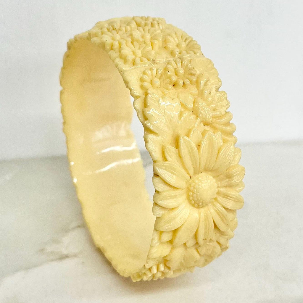 Vintage Cream Celluloid Bangle Chunky Design with Detailed Flowers Leaves and Elephants MillyOliverVintage