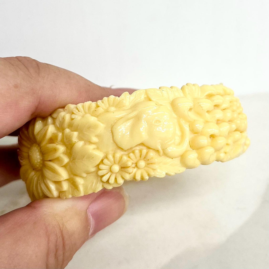 Vintage Cream Celluloid Bangle Chunky Design with Detailed Flowers Leaves and Elephants MillyOliverVintage