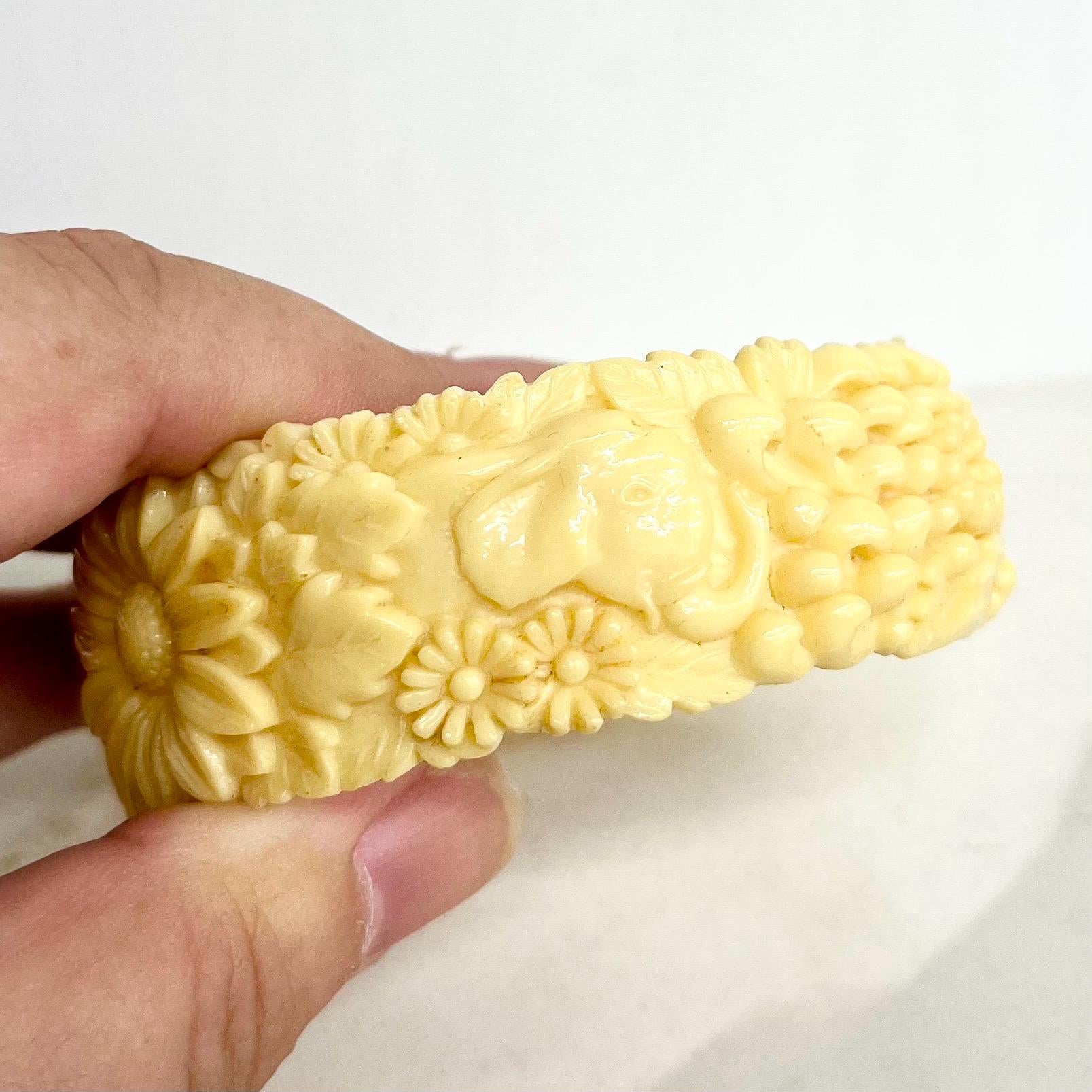 Vintage Cream Celluloid Bangle Chunky Design with Detailed Flowers Leaves and Elephants MillyOliverVintage