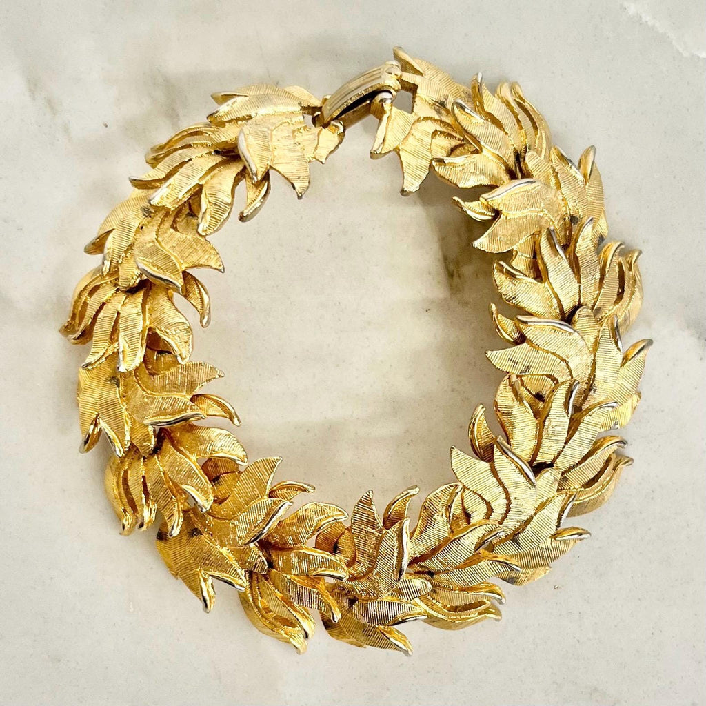Vintage Gold Plate 1970’s Brutalist Bracelet Textured Chunky Leaf Link Costume Jewellery 7.5” MillyOliverVintage