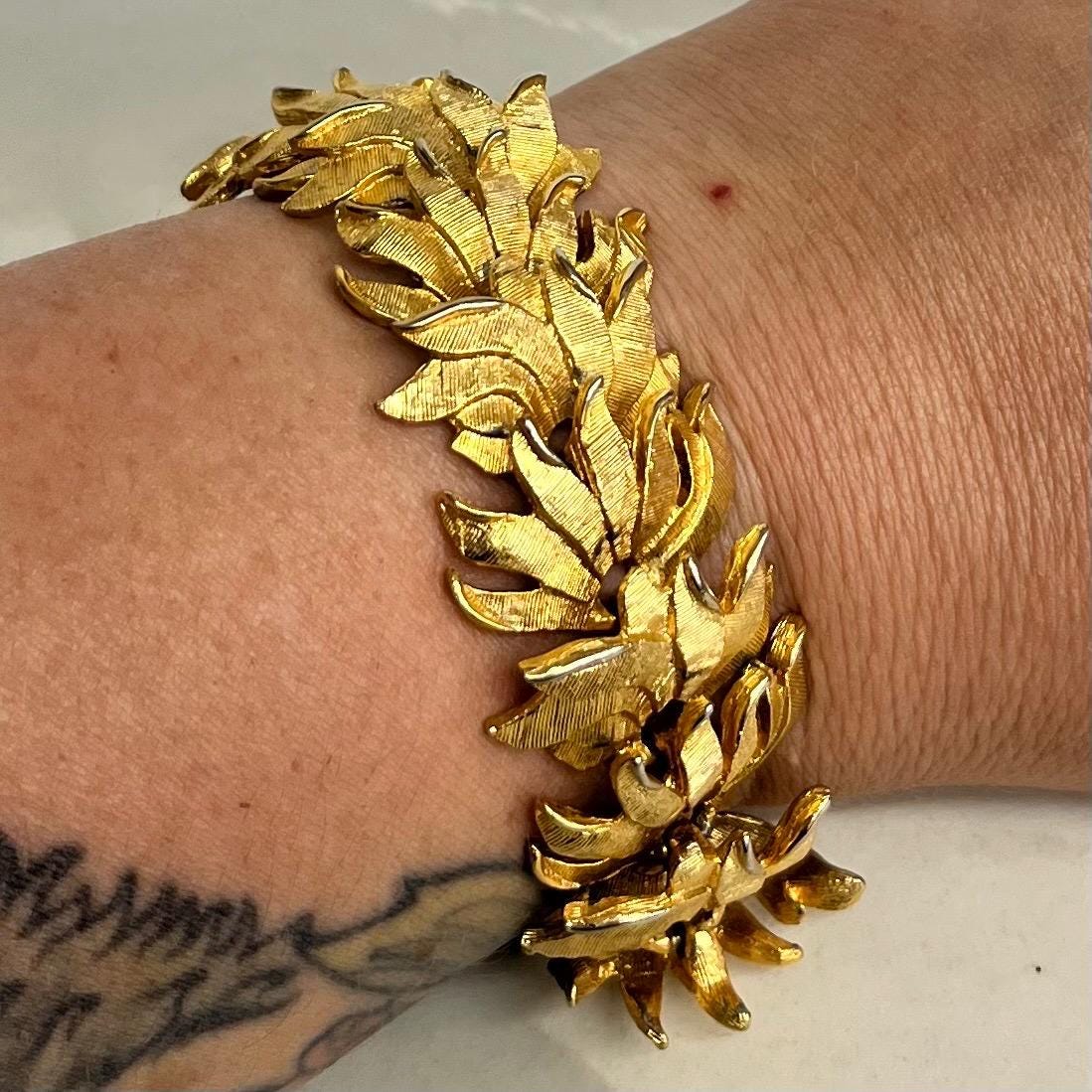 Vintage Gold Plate 1970’s Brutalist Bracelet Textured Chunky Leaf Link Costume Jewellery 7.5” MillyOliverVintage