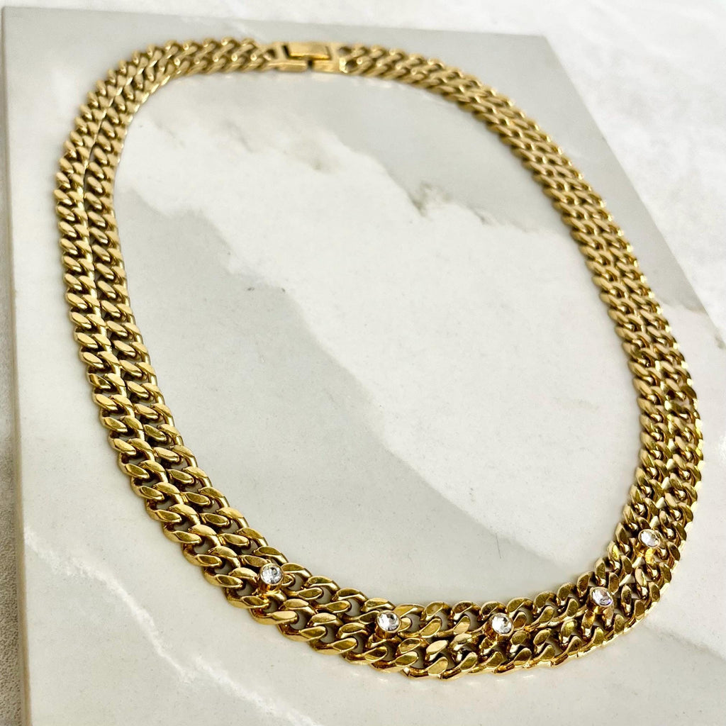Heavy Gold Plate Double Flat Curb Link Collar Necklace with a Diamante Accents 17.5” Statement Jewellery MillyOliverVintage