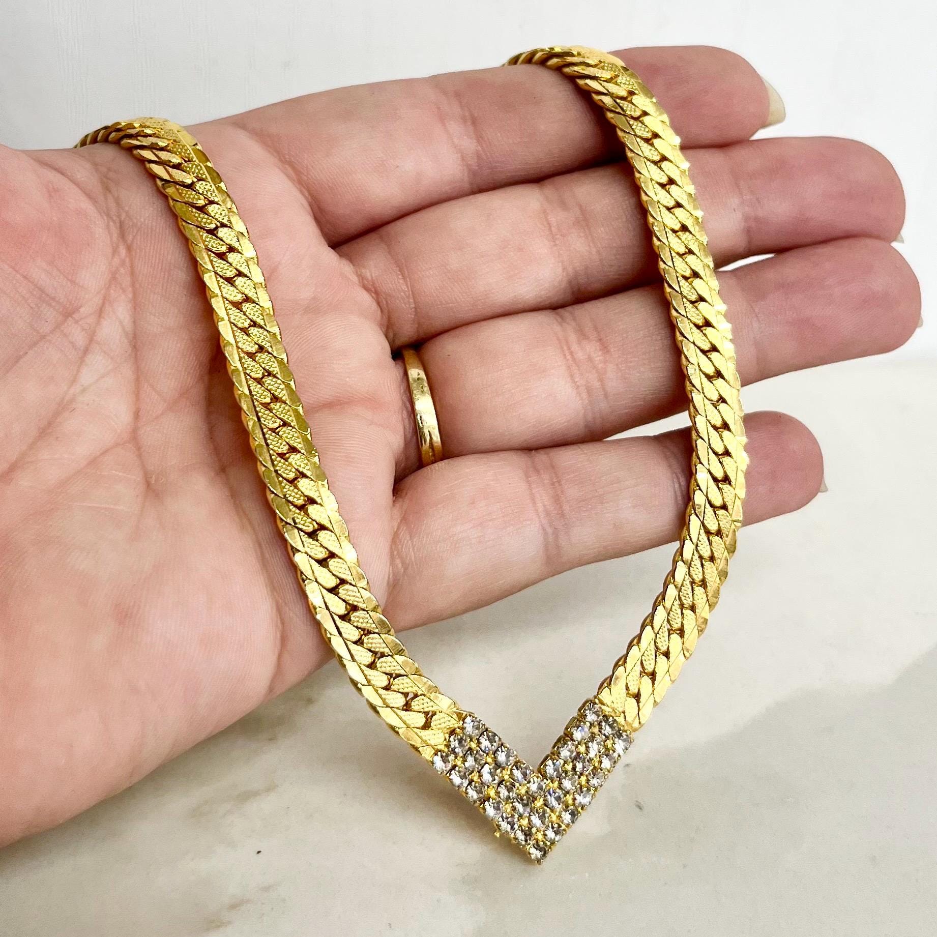 Vintage V Neck Flat Textured Curb Chain Collar Necklace with Diamante Crystal Accents Gold Plate 1970’s - 1980’s Statement Power Chain 17” MillyOliverVintage